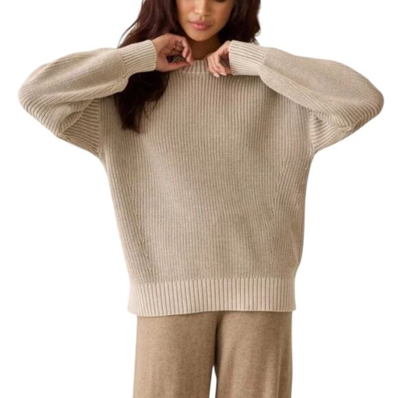 Faherty Sand Shell Tan Sunwashed Organic Cotton Fisherman Sweater - Picture 1 of 11